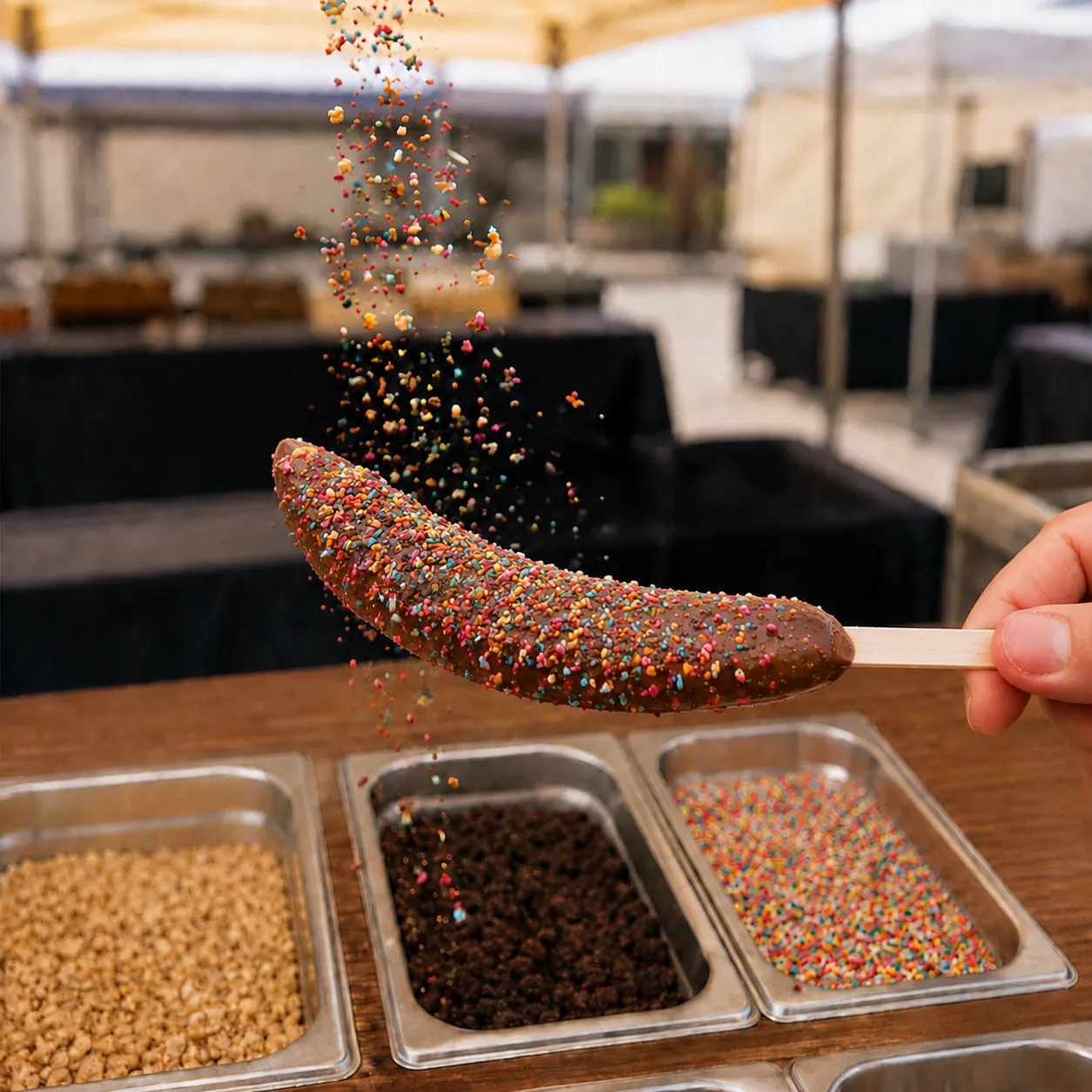 Sprinkles falling on a chocolate covered banana